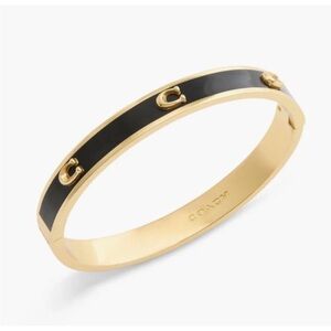 Coach Enamel C Hinge Black Enamel Bangle Bracelet Gold Tone New